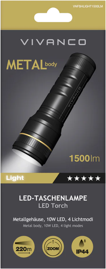 Verpackung für eine schwarze Metall-LED-Taschenlampe mit 1500 Lumen.