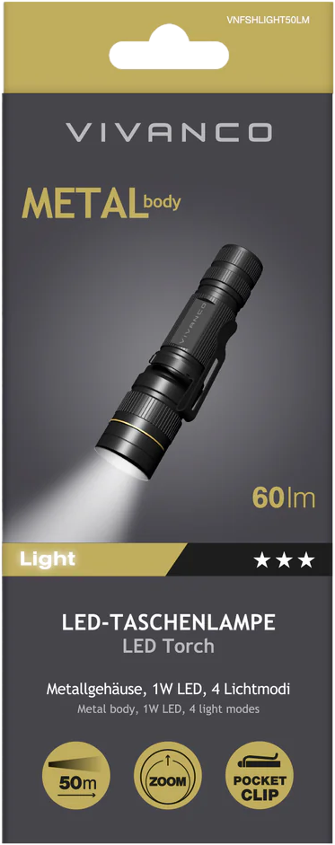 Schwarze Vivanco LED-Taschenlampe mit Metallgehäuse, 60 Lumen, Reichweite 50m.