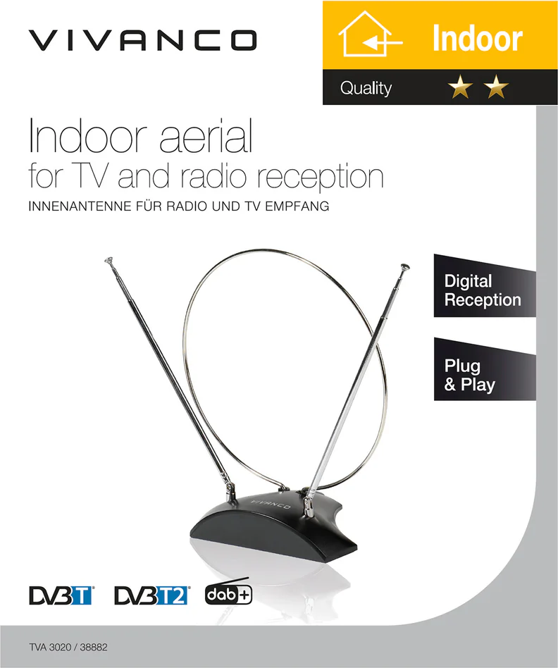 Ein schwarzer Indoor-TV-Antennenständer mit zwei Teleskopantennen. DVB-T/T2, DAB+.