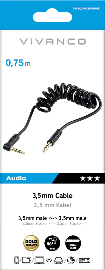 Schwarzes 0,75m Spiralkabel 3,5mm mit 90°-Stecker und Goldkontakten.