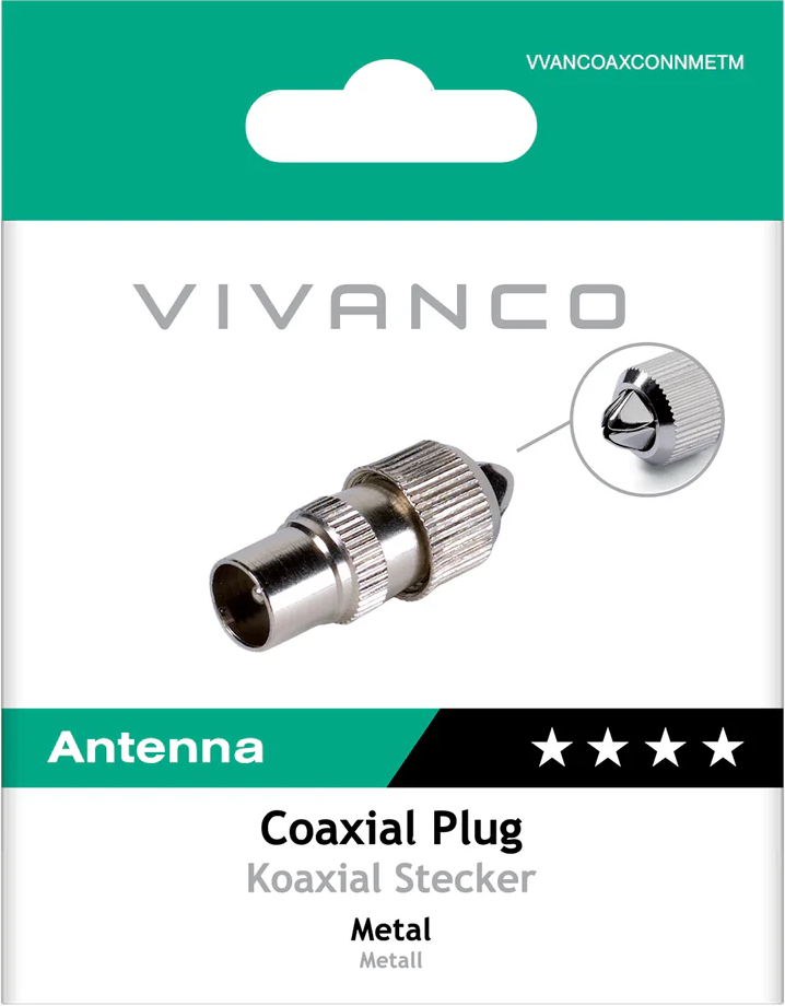 Metall Koaxial Antennenstecker mit Detailansicht des Pins. Verpackung VIVANCO.