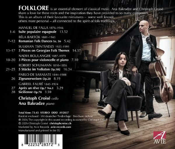 Ein Mann mit Cello und eine Frau am Klavier vor einem Flügel, Album-Trackliste.