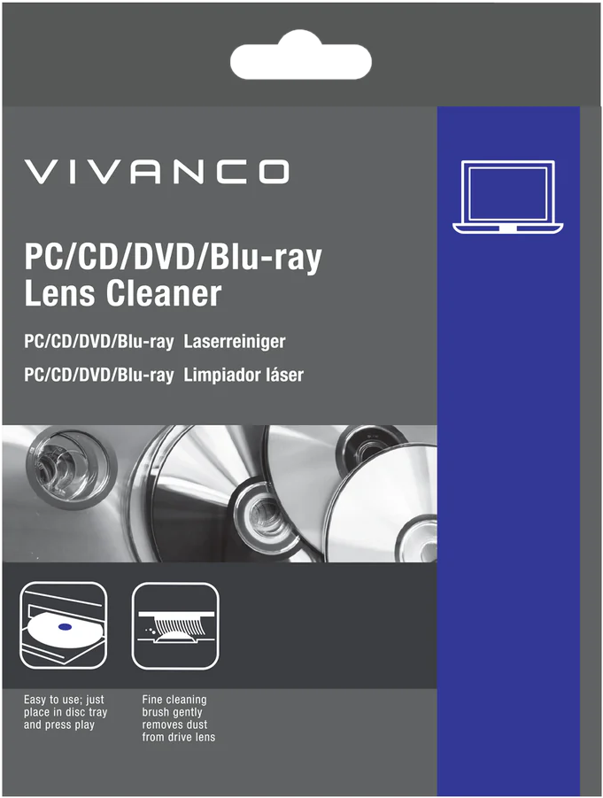 VIVANCO PC/CD/DVD/Blu-ray Linsenreiniger-Verpackung mit Discs und Reinigungsanleitungen.