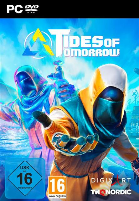 Okładka gry 'Tides of Tomorrow' z dwiema postaciami w kapturach na tle niebieskiej wody.
