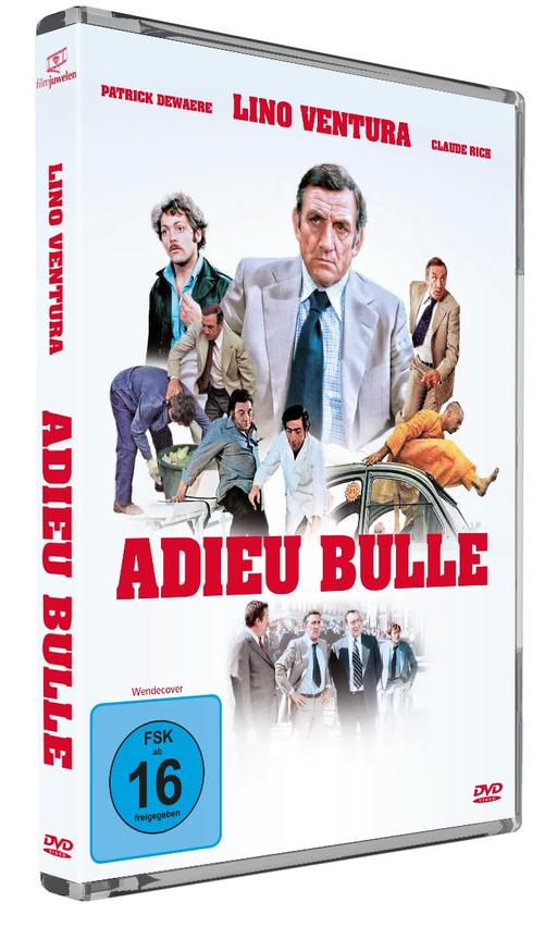 DVD Cover: Mehrere Männer in Anzügen, Titel ADIEU BULLE, FSK 16 Zeichen.