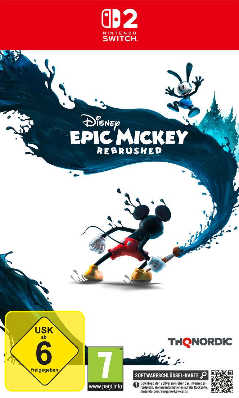 Micky Maus malt mit einem Pinsel, Oswald der Glückliche Hase springt.