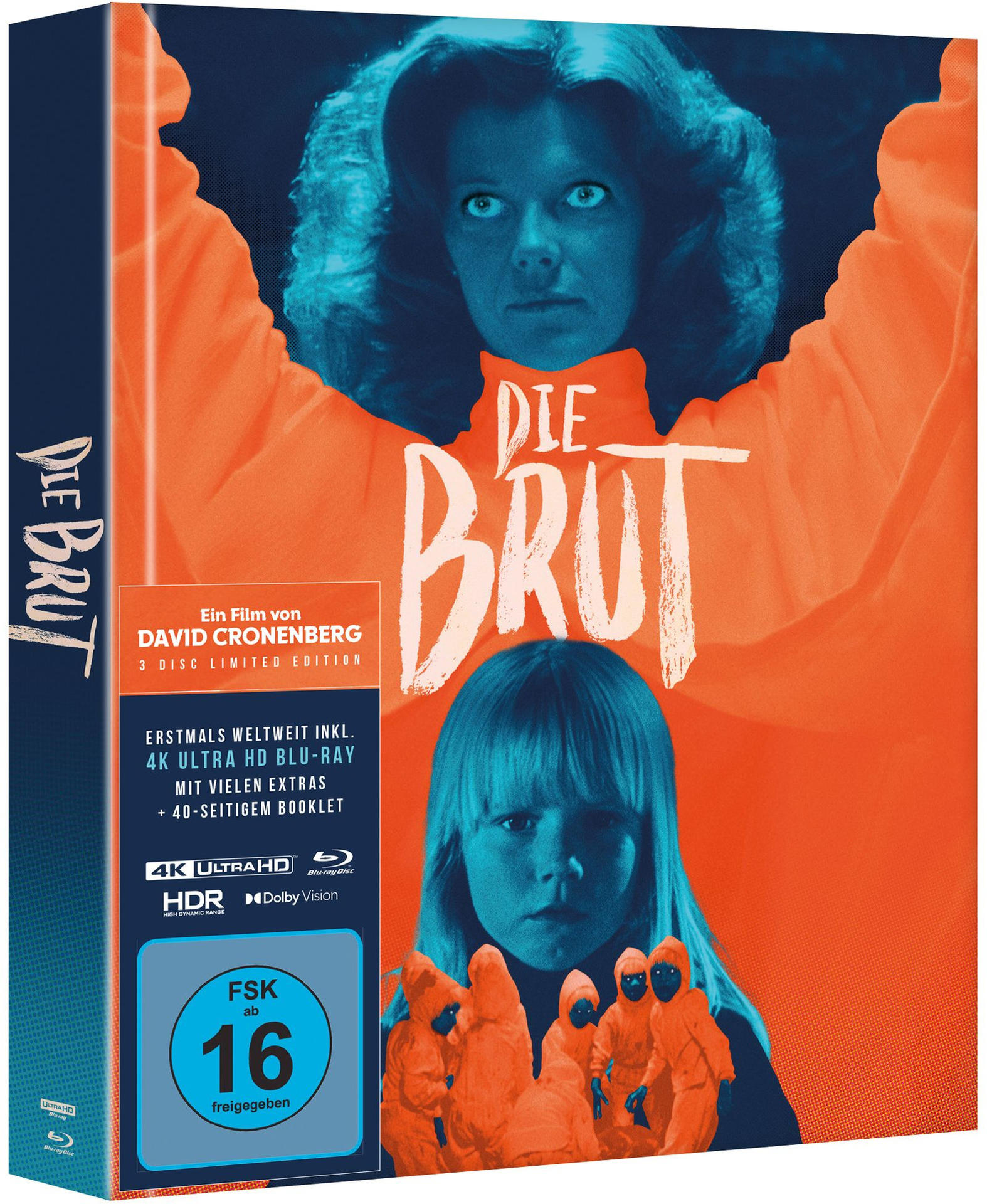 Filmplakat 'Die Brut' mit Frau und Kind, umgeben von orangefarbenen Figuren.