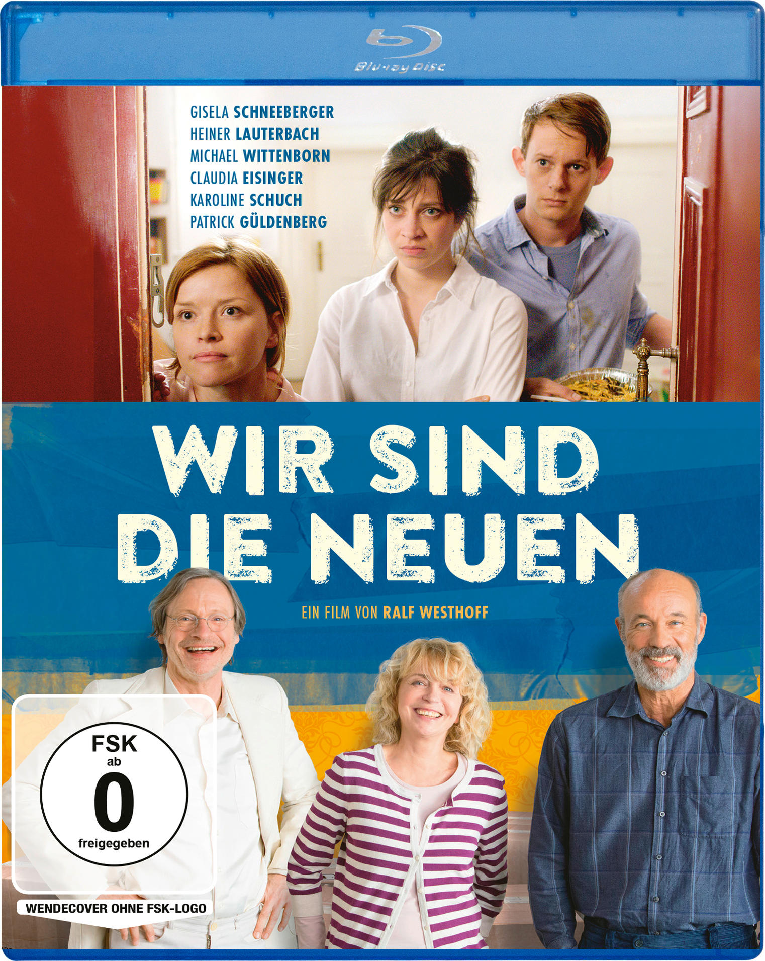 Filmplakat: Vier Personen posieren, drei Männer und eine Frau. "Wir sind die Neuen".