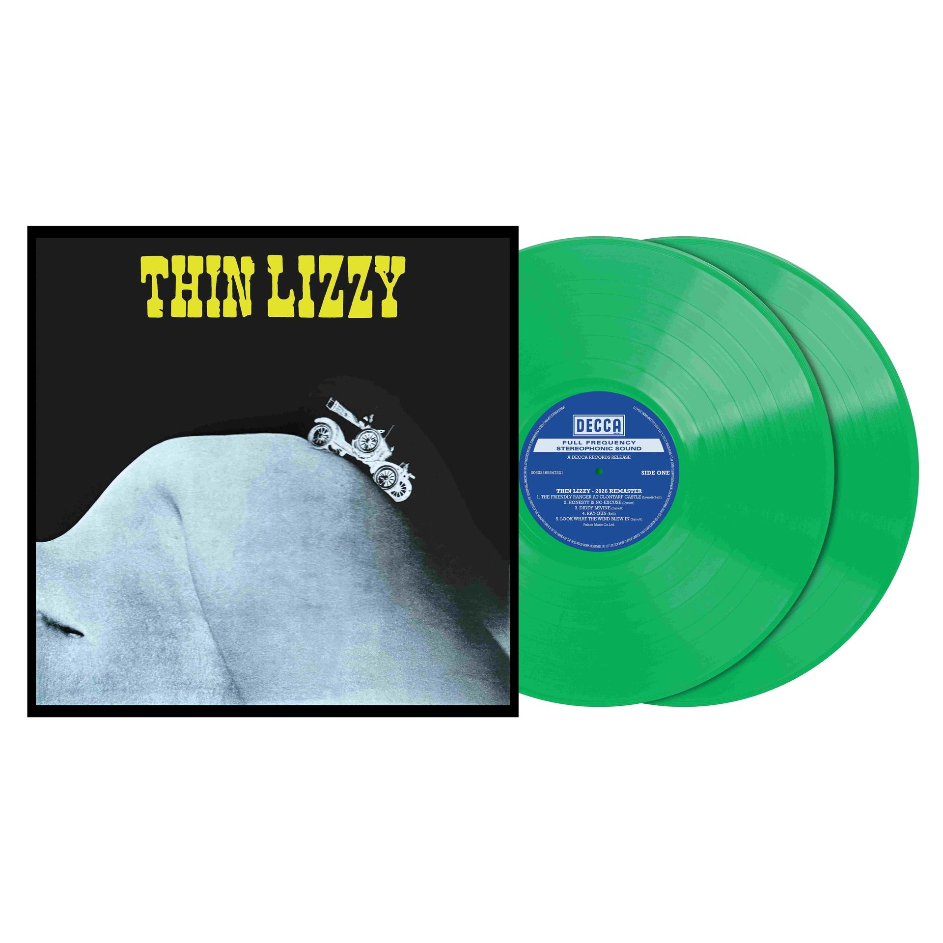 Ein Albumcover von Thin Lizzy neben zwei grünen Vinyl-Schallplatten.