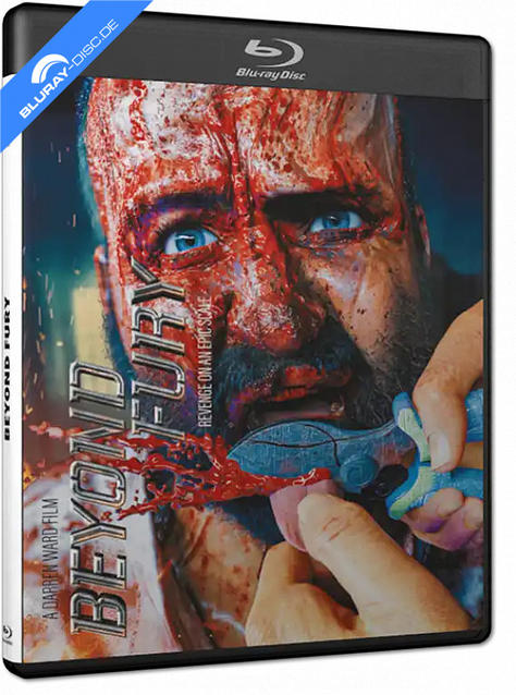 Blu-ray-Hülle für "Beyond Fury" mit blutverschmiertem Gesicht und einer Schere.