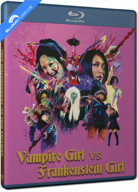Blu-ray-Hülle mit dem Titel "Vampire Girl vs Frankenstein Girl" und vielen gruseligen Figuren.