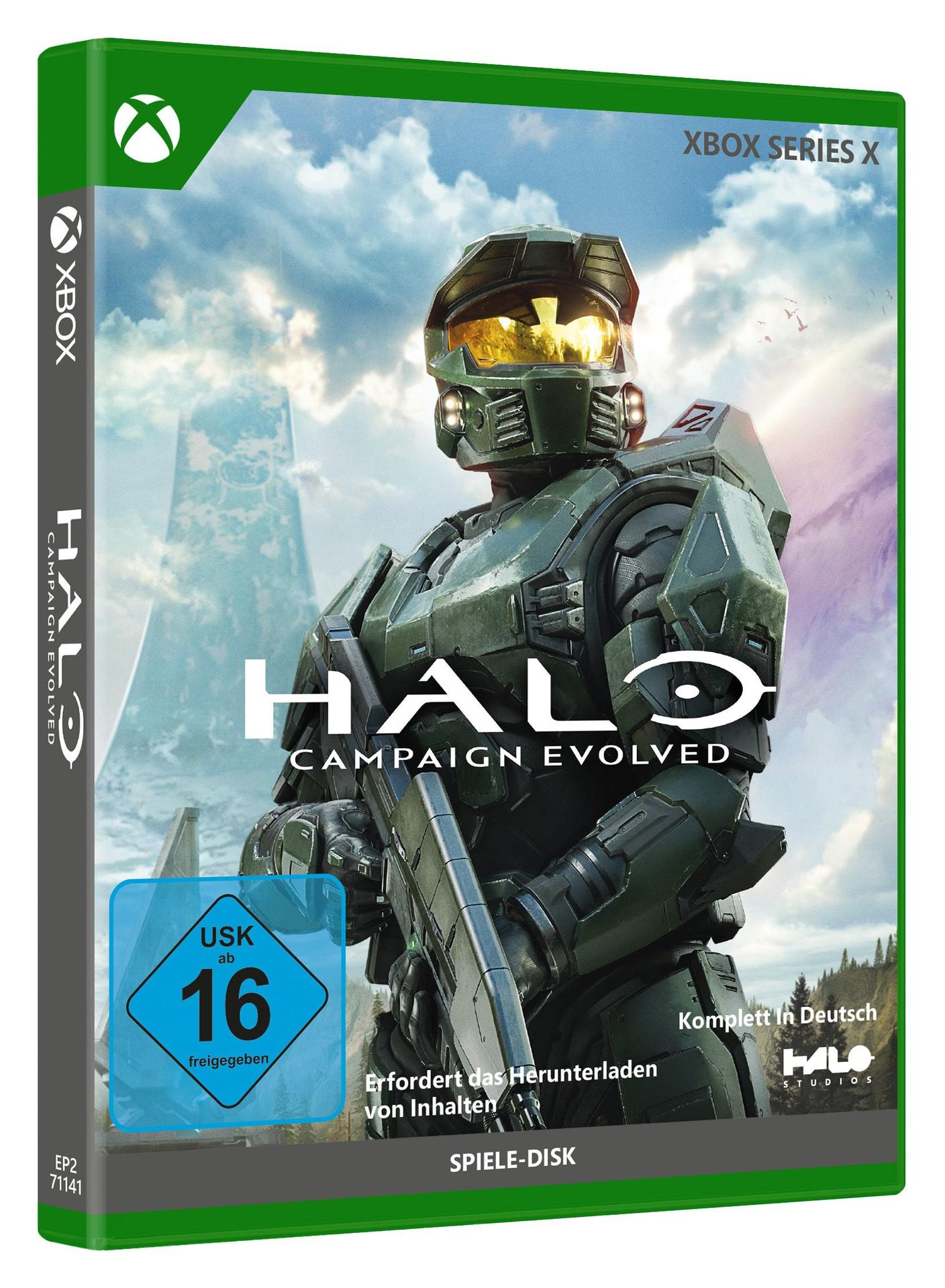Master Chief in Rüstung steht vor einer Wolkenkulisse, Halo-Logo.