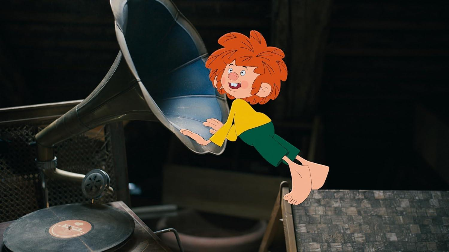 Cartoonjunge mit orangefarbenem Haar in gelbem Hemd und grüner Hose rutscht einen Grammophonhorn hinunter.