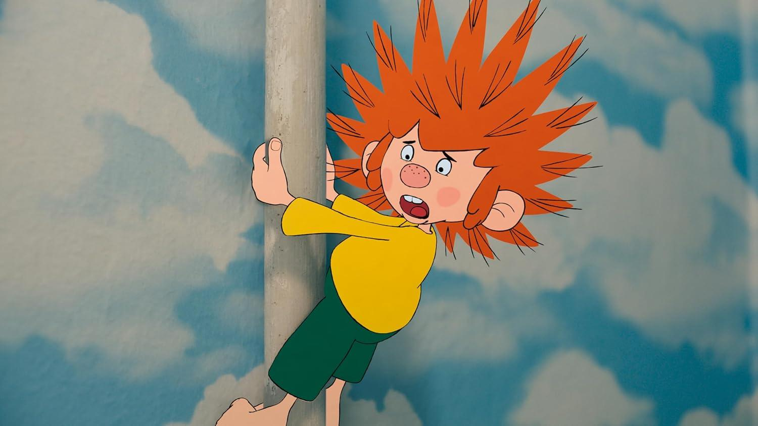 Ein Cartoon-Junge mit roten Haaren klammert sich an eine Stange, vor blauem Himmel mit Wolken.