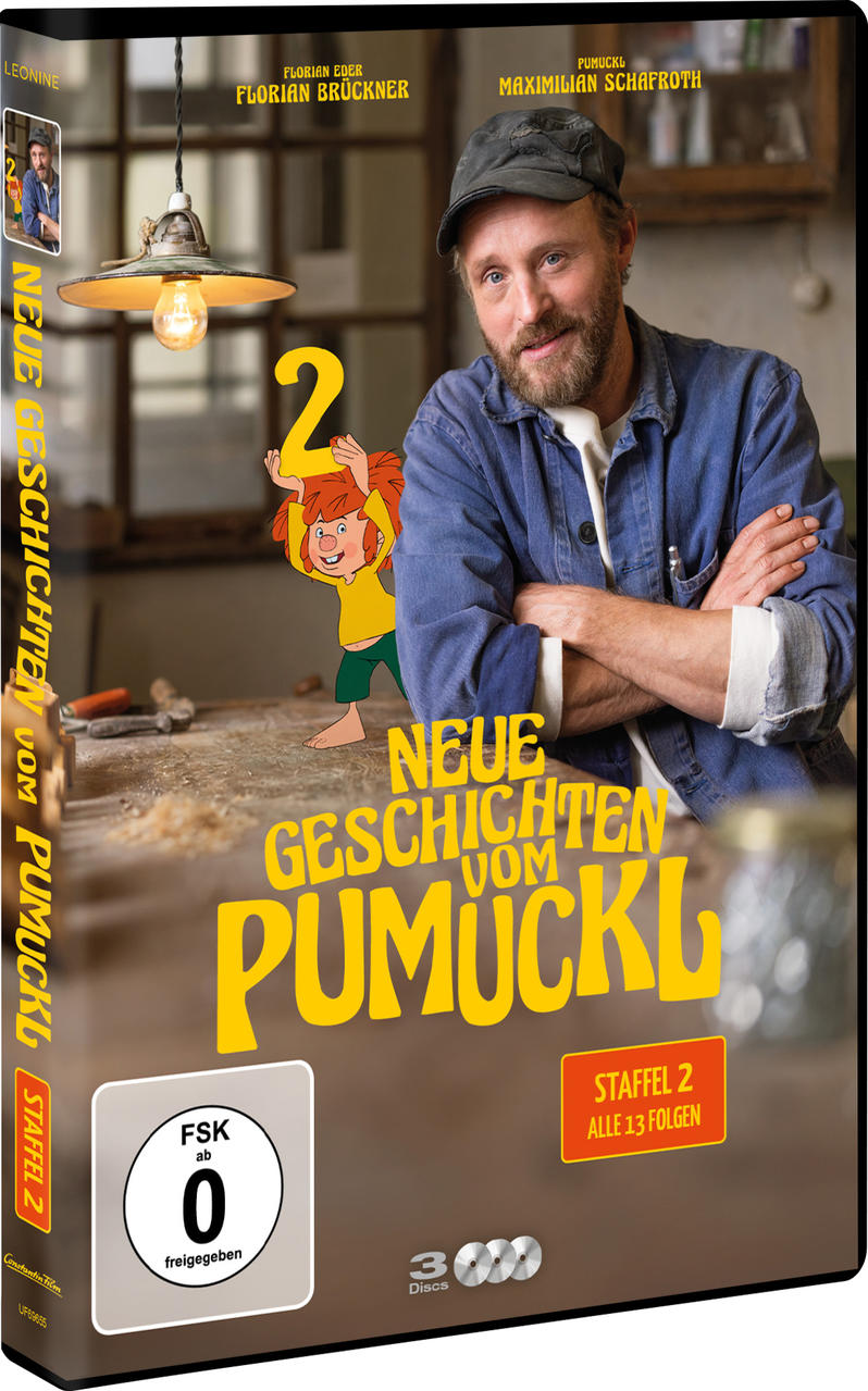 DVD-Cover: Mann, Zeichentrickfigur mit gelber 2, Lampe, Titel 'Neue Geschichten vom Pumuckl'.