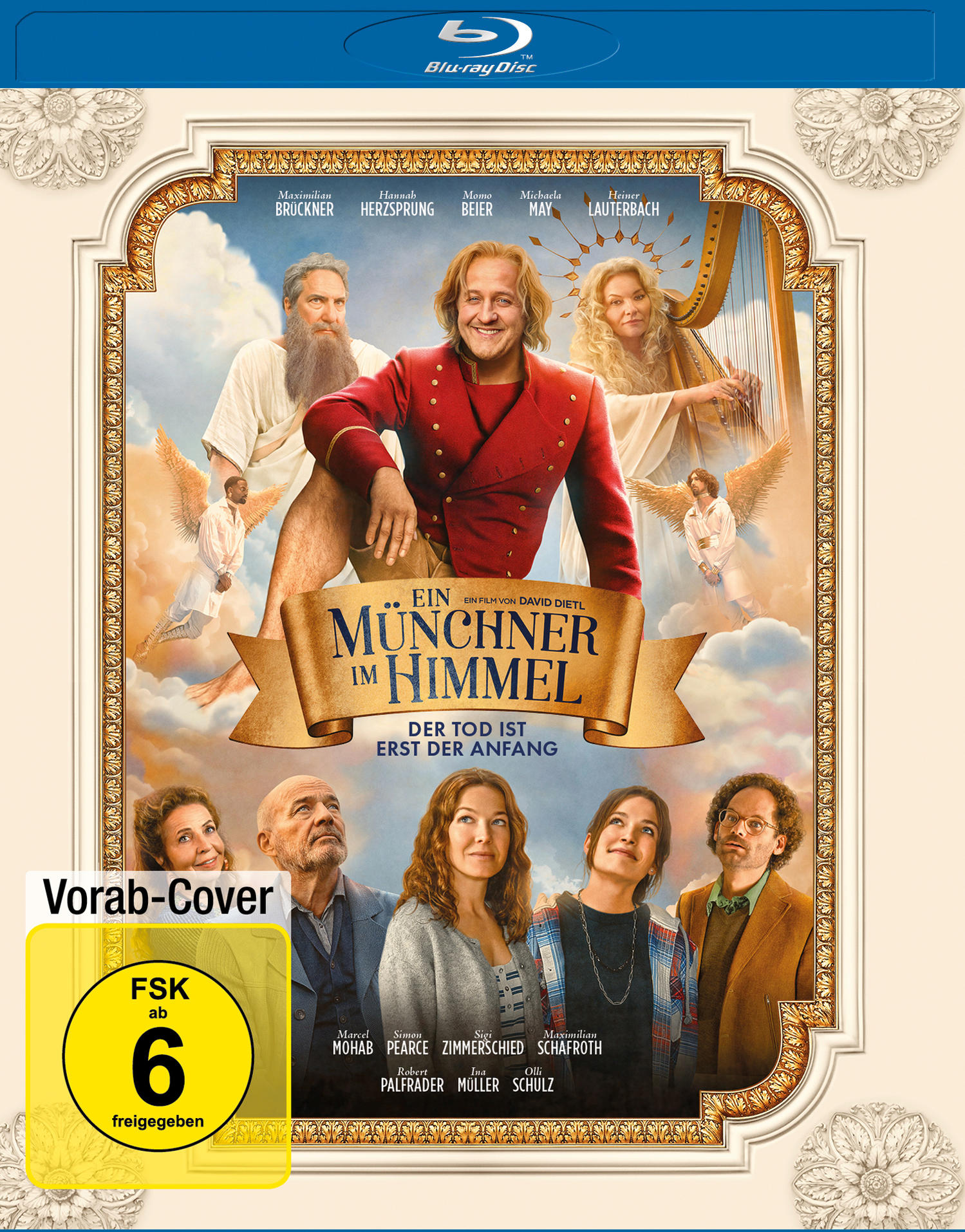 Filmplakat mit Darstellern im Himmel, einem Mann in Rot und einer Harfe.