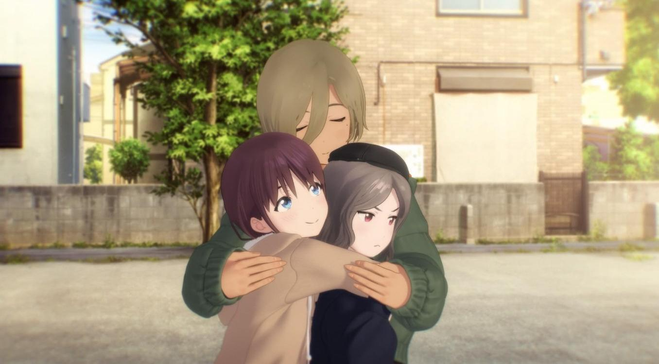 Drei Anime-Freunde umarmen sich vor einem Ziegelhaus und Bäumen.