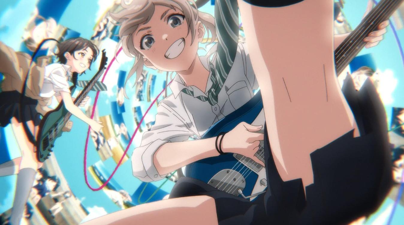 Anime-Mädchen mit Gitarren auf blauem Hintergrund