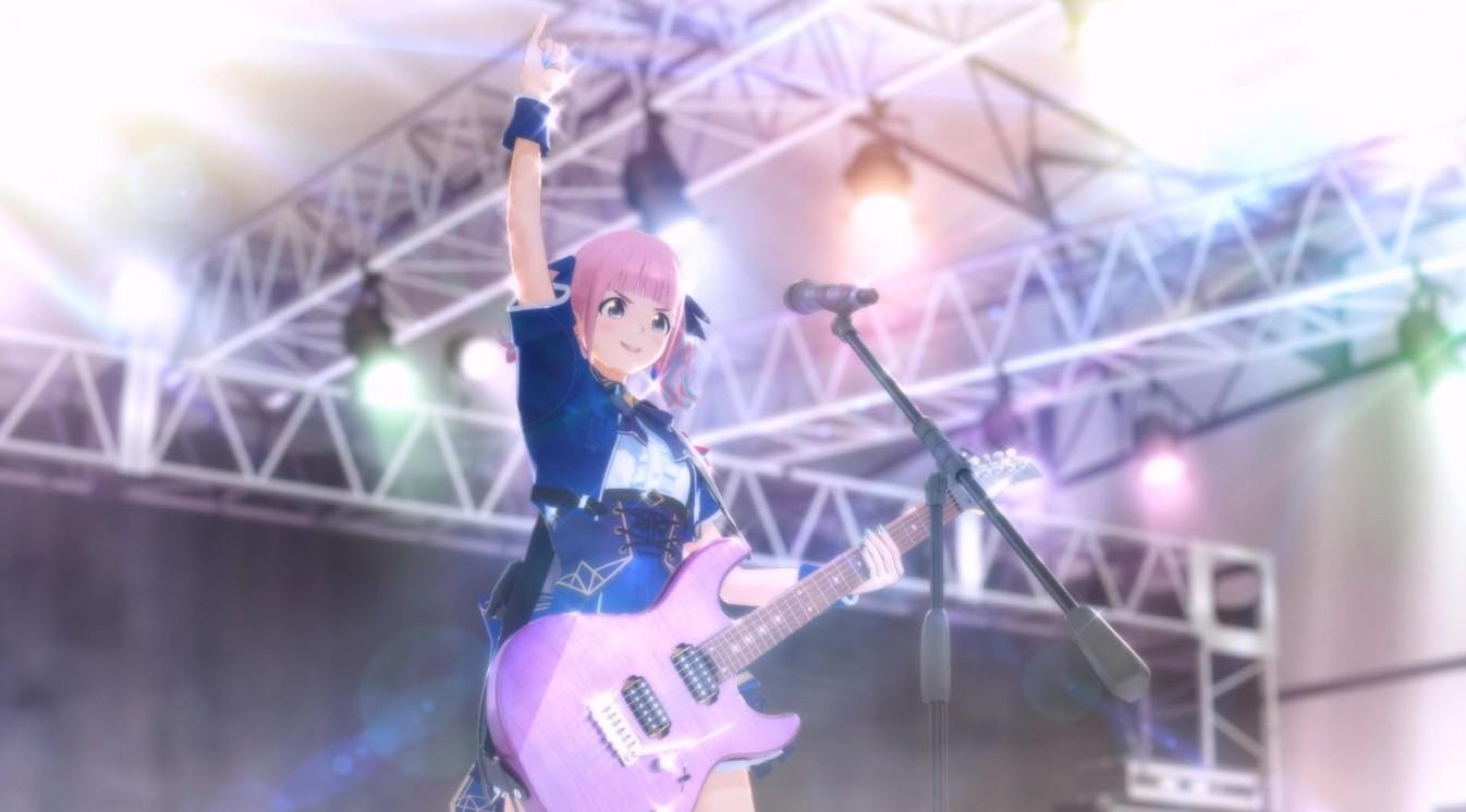 Anime-Sängerin mit pinken Haaren spielt E-Gitarre auf einer Bühne unter Lichtern.