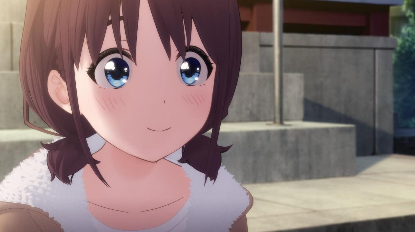 Anime-Mädchen mit braunen Haaren und blauen Augen lächelt.