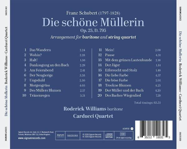 Rückseite eines Albums mit Titelliste für Franz Schuberts 'Die schöne Müllerin'.