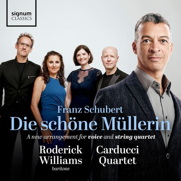 Fünf Personen posieren für ein Albumcover von Franz Schuberts "Die schöne Müllerin".
