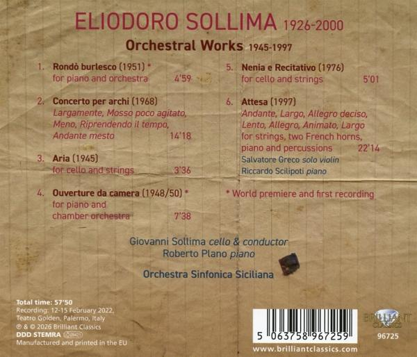 Titelliste für "Orchestral Works 1945-1997" von Eliodoro Sollima, mit Laufzeiten.