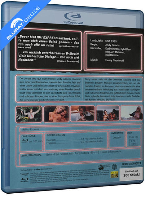 Rückseite einer Blu-ray Hülle für Malibu Express mit Filmdetails, Szenenbildern und Sprachen.