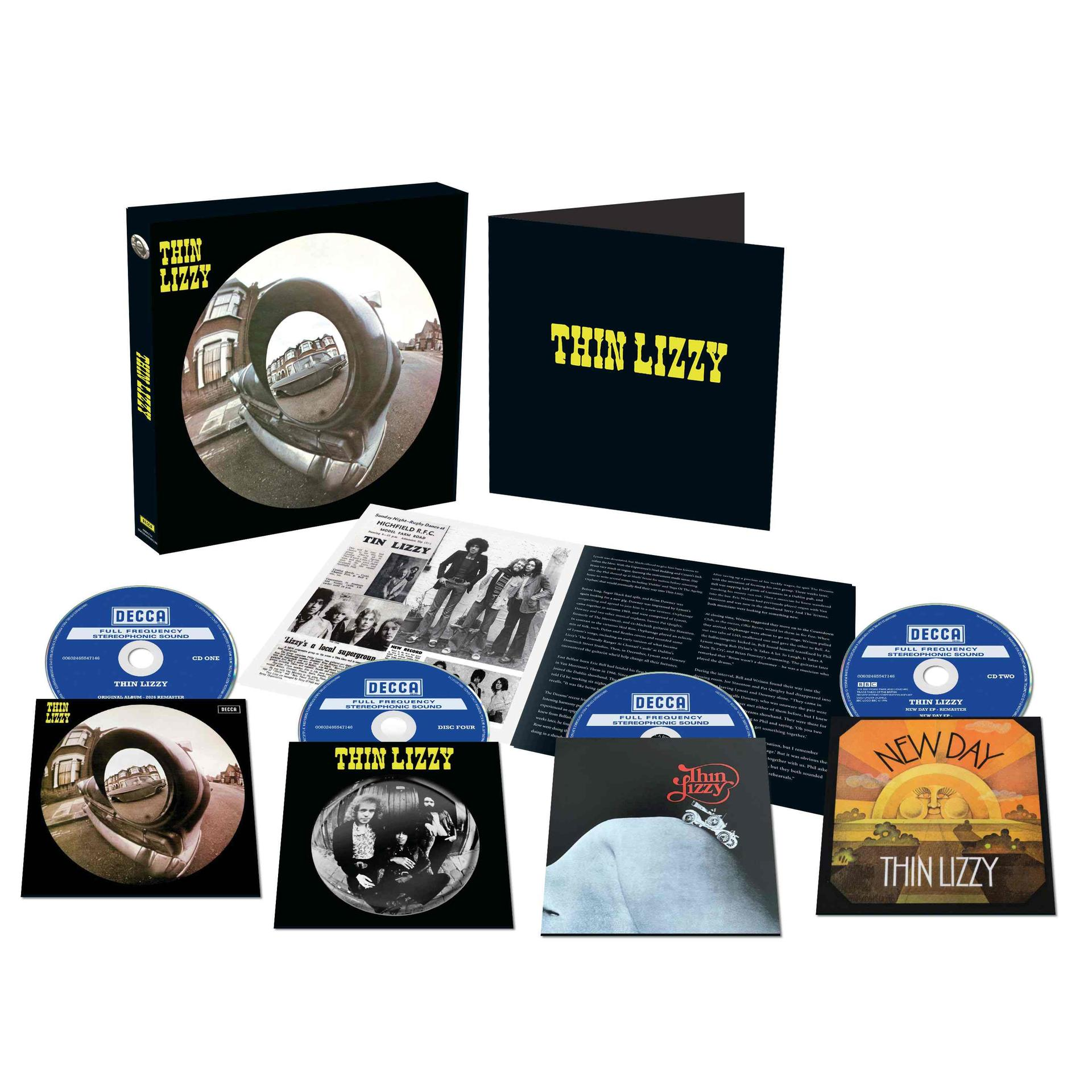 Thin Lizzy Box-Set: Enthält Hüllen, CDs, Vinyl und Poster. Gelbe Schrift auf schwarzem Hintergrund.
