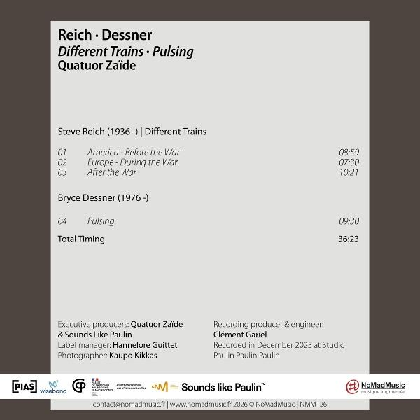 Album-Info: Reich. Dessner - Different Trains. Pulsing. Tracklist mit Titeln und Laufzeiten.