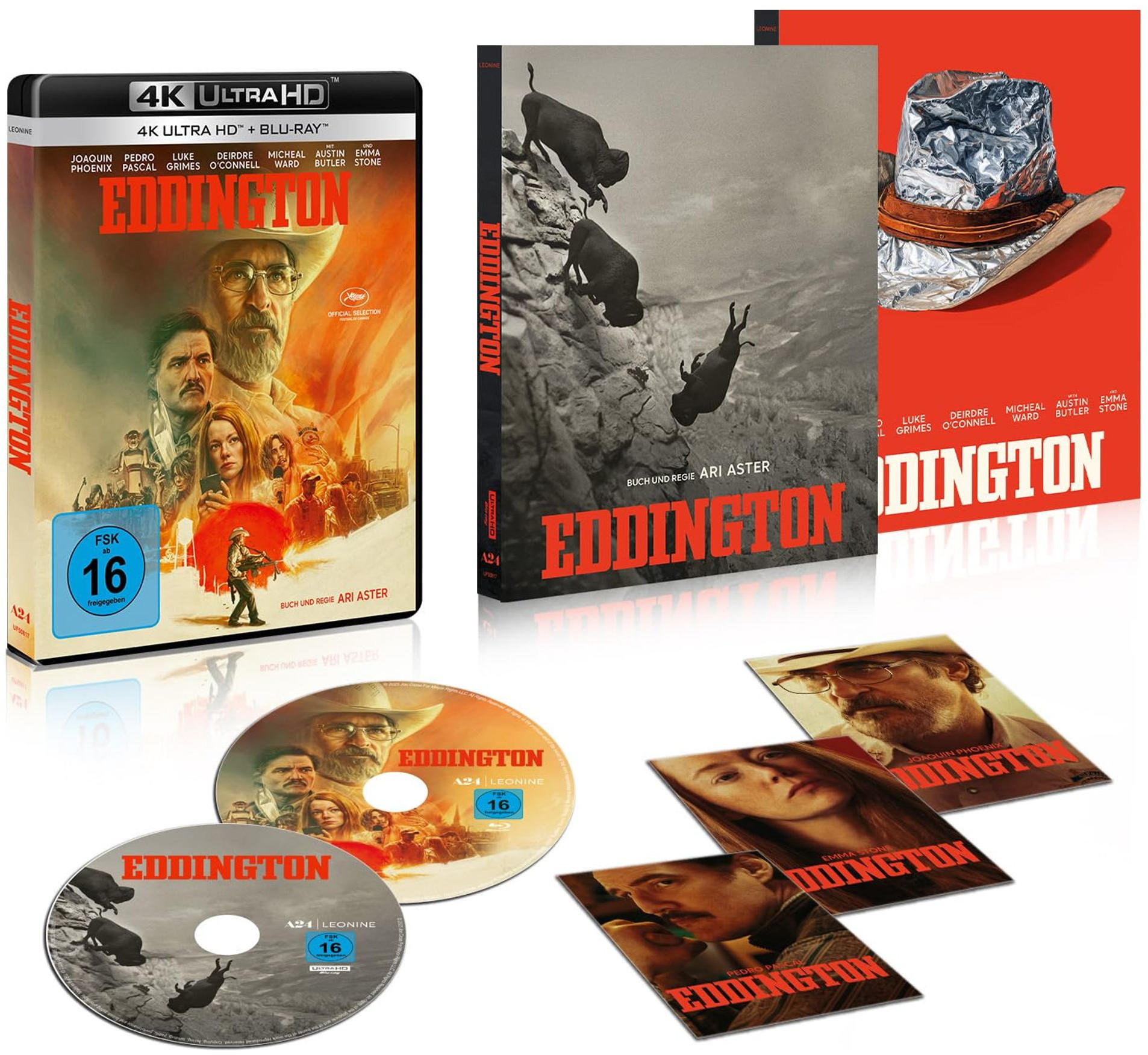 Film-Boxset mit 4K Ultra HD und Blu-Ray-Discs, Postkarten und Hut-Motiv.