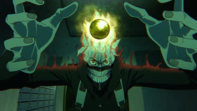 Ein Charakter mit grinsendem Mund und Flammen um den Kopf hält eine Kugel.