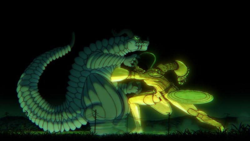 Ein gelber Krieger kämpft gegen einen grünen Dino-ähnlichen Riesen im Dunkeln.