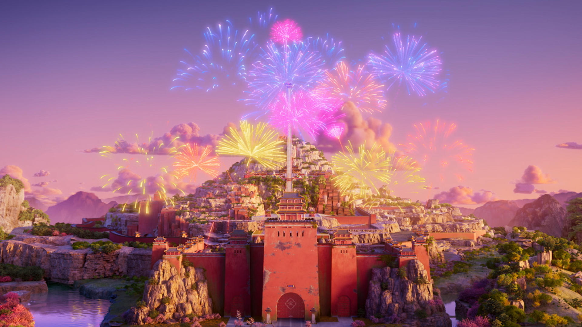 Eine rote Festung auf einem Berg mit Feuerwerk am lila Himmel.