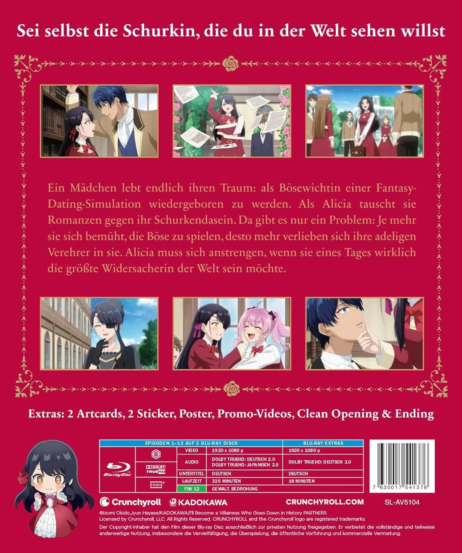 Anime-Blu-ray-Rückseite mit Szenenbildern, Text und technischen Details.