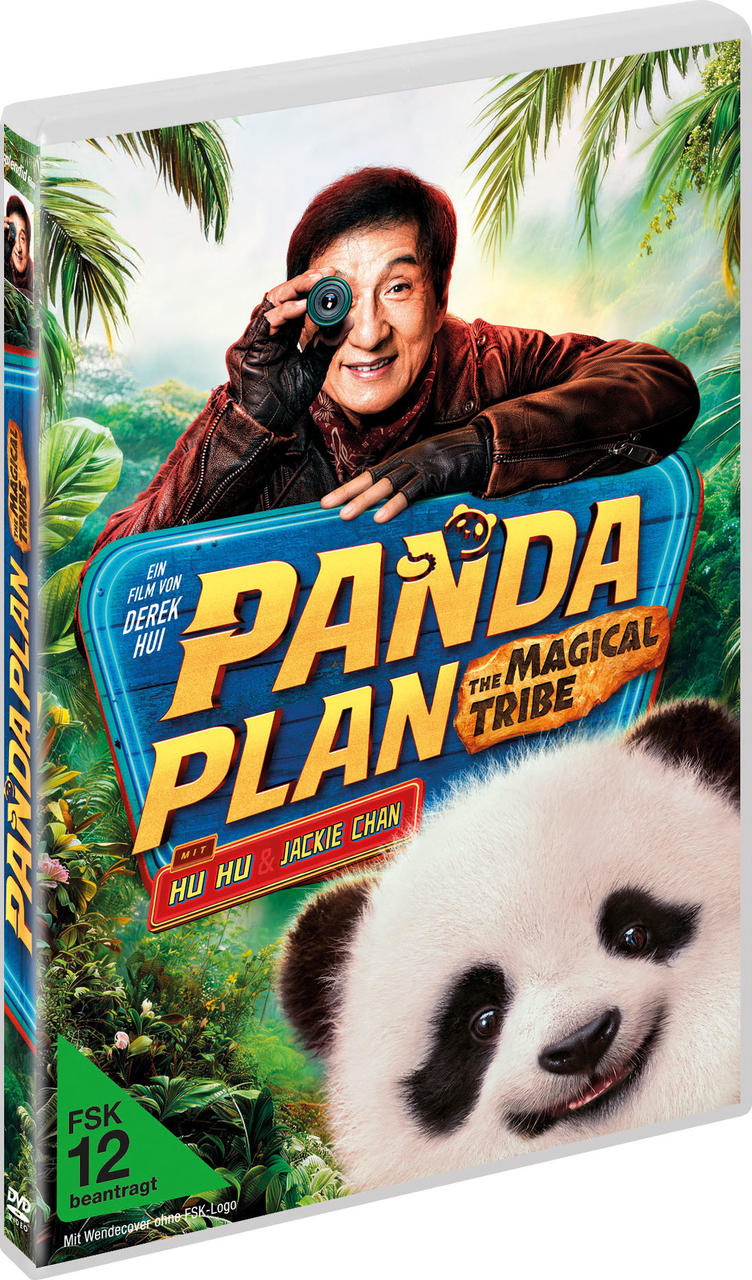 Jackie Chan schaut durch eine Kameralinse, neben einem Panda. Titel: Panda Plan