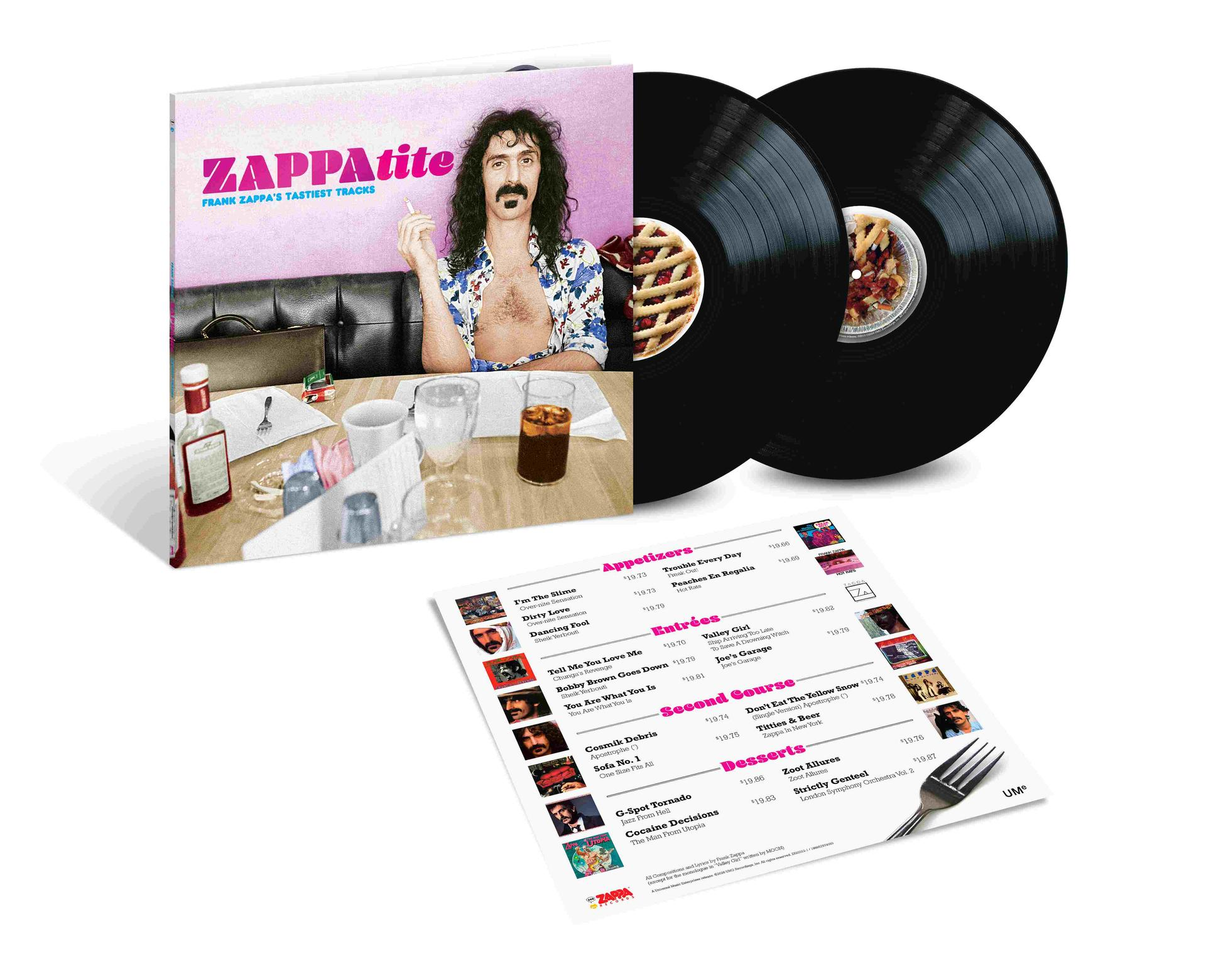 Frank Zappa Albumcover mit zwei Schallplatten. Ein Plattenlabel zeigt eine Kirschpastete.