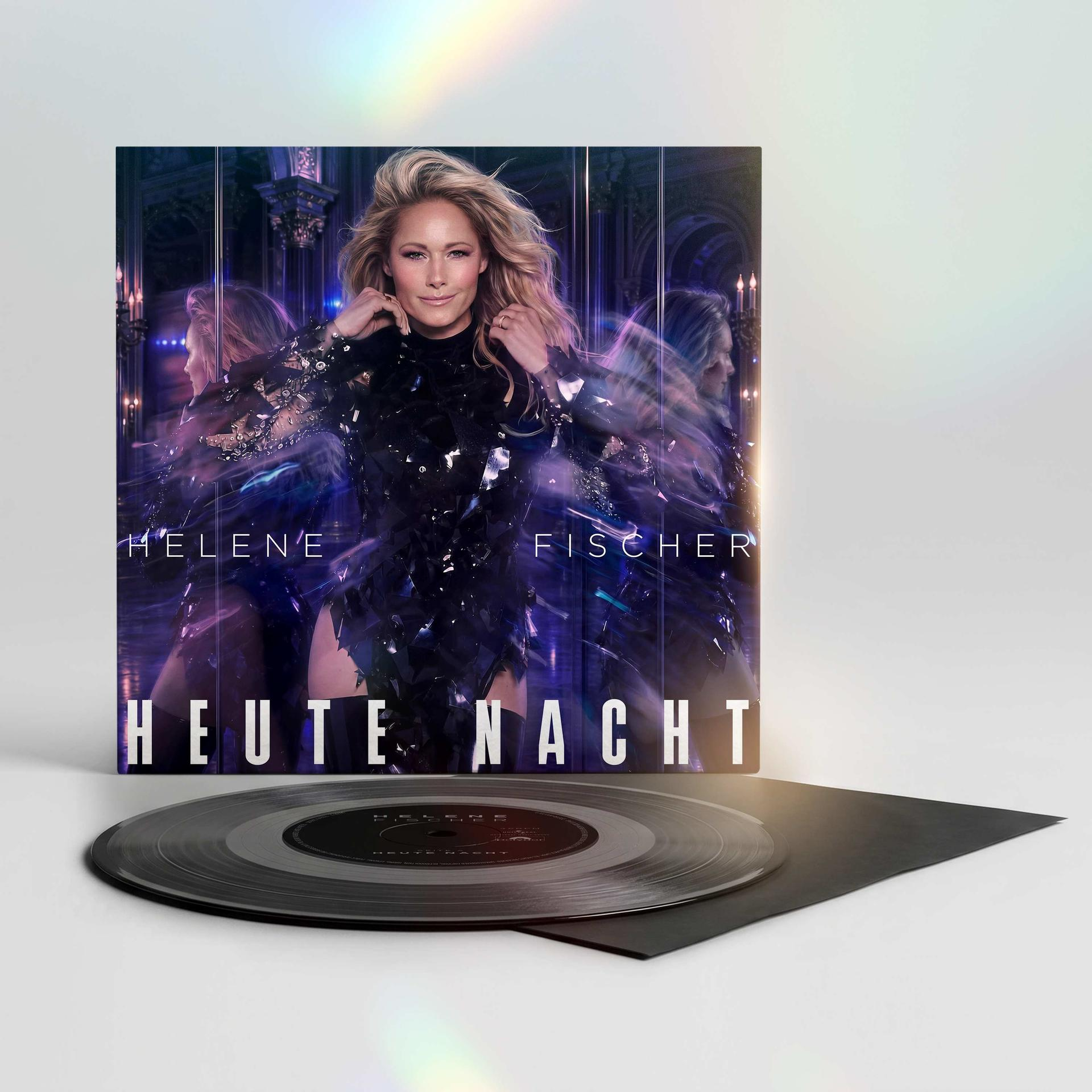 Helene Fischer auf einem Plattencover mit Vinyl-Schallplatte davor.