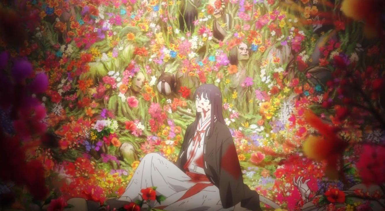 Eine Frau mit blutverschmiertem Gesicht sitzt inmitten einer üppigen Blumenlandschaft mit verschiedenen Gesichtern.