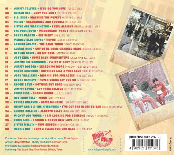 Liste von Blues-Künstlern mit Titeln und Jahreszahlen, zwei überlagerte Fotos.