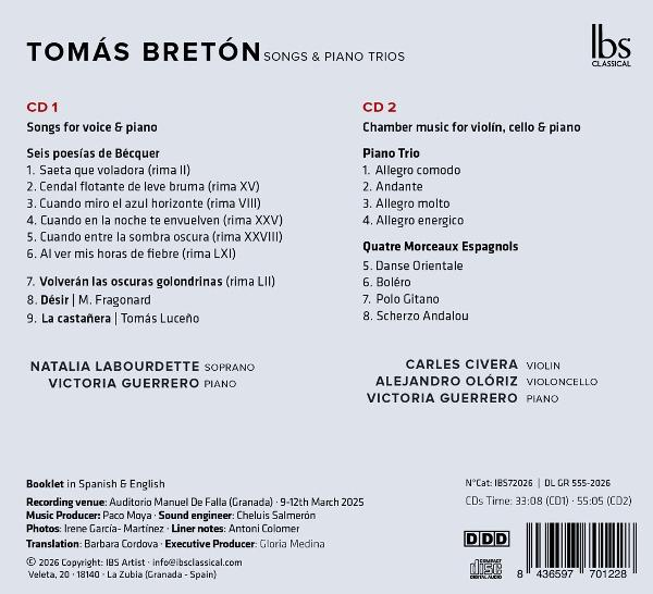 Albumcover mit Werken von Tomás Bretón, Auflistung von CD1 & CD2 Titeln, Künstlernamen und Details.