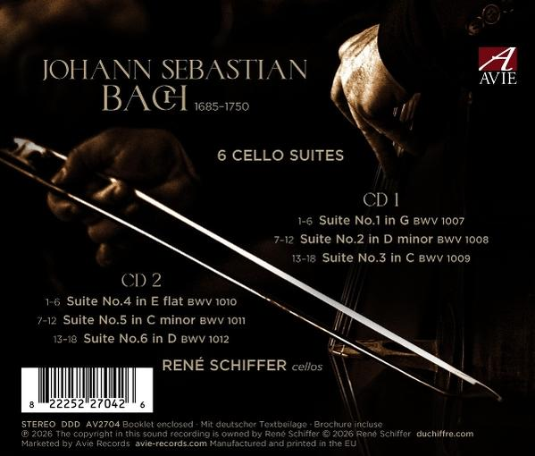 Albumcover: Bachs 6 Cellosuiten, Rene Schiffer, mit einer Hand am Cello.