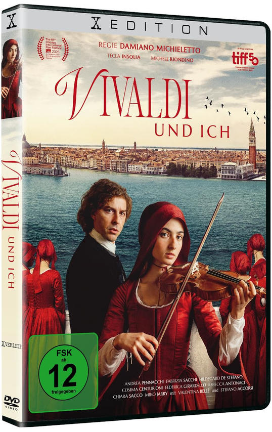 DVD-Cover: Mann und Frau in Rot, Venedig im Hintergrund, Violine spielend.