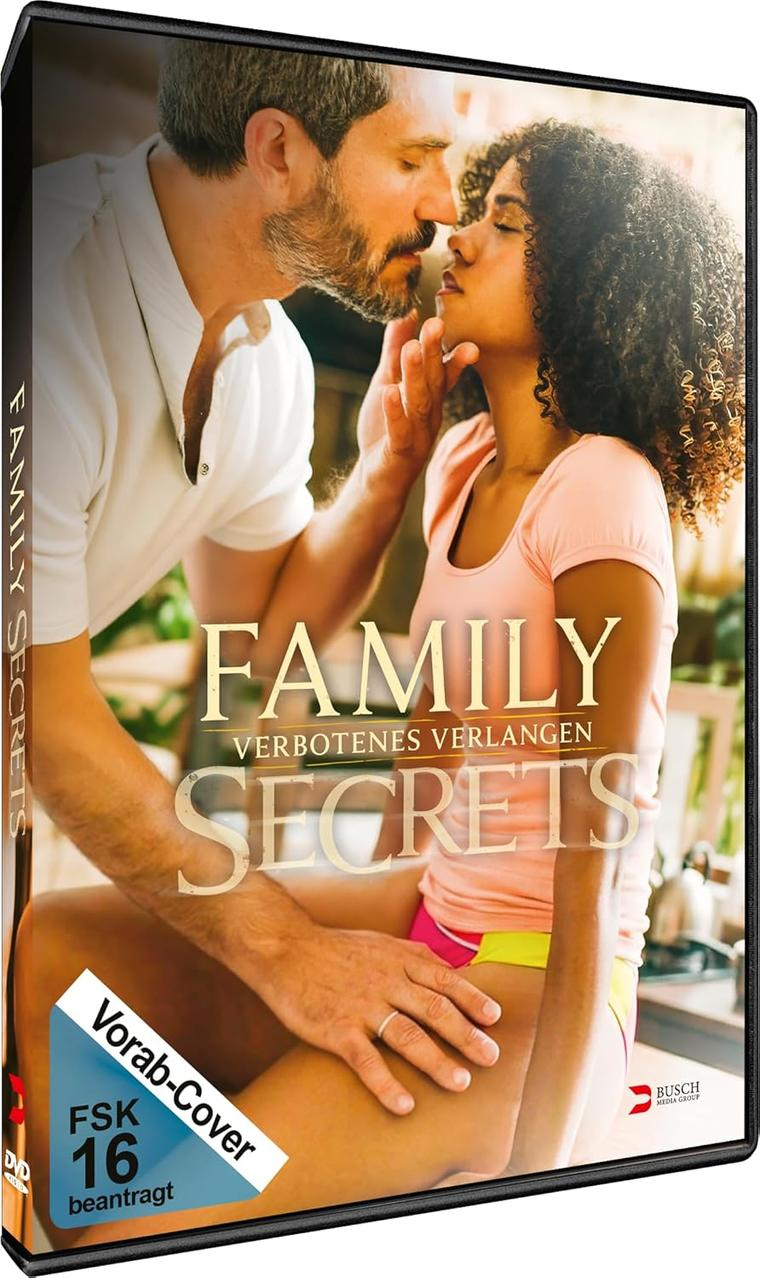 Ein Mann küsst eine Frau, DVD-Cover mit Text 'FAMILY SECRETS'.