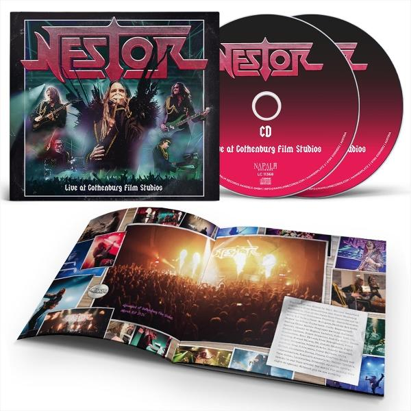 Nestor Live at Gothenburg Film Studios CD-Set mit Booklet. Zeigt Bandfotos und Konzertbilder.