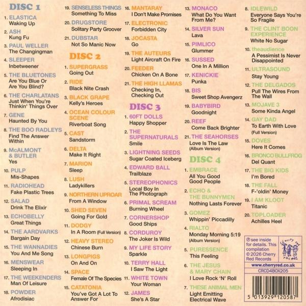 Eine Liste von Musik-CDs mit Titeln und Künstlernamen, aufgeteilt in vier Discs.
