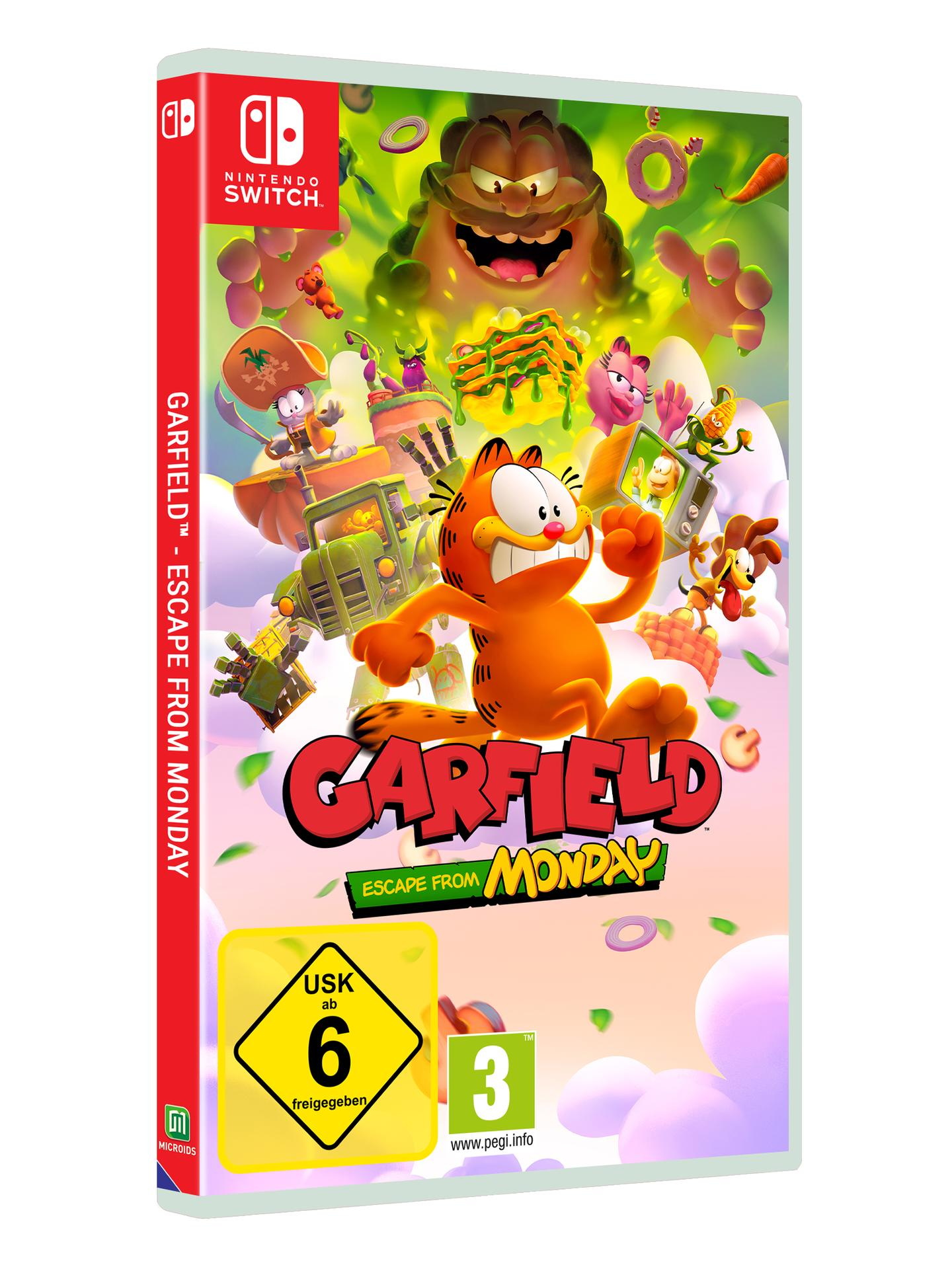 Garfield Videospielhülle für Nintendo Switch mit Garfield, Odie und Nermal in einem chaotischen Szenario.