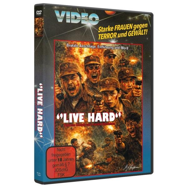 DVD-Hülle mit der Aufschrift "Live Hard", zeigt Männer in Uniformen mit Waffen.