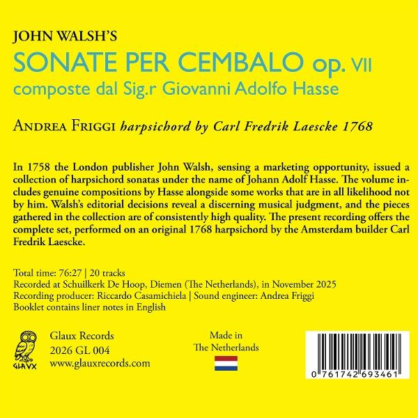 Albumcover: "Sonate per Cembalo" von John Walsh, mit harpsichord-Details und Text.