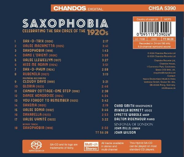 CD-Cover mit Songliste und Informationen zur SAXOPHOBIA-CD von Chandos Digital.